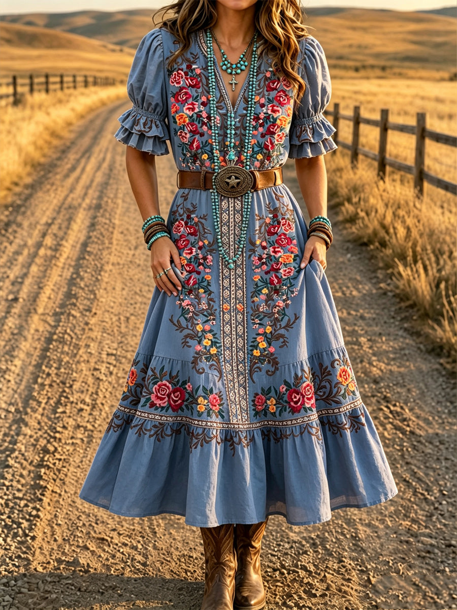Women's Retro Art Print Washed Cotton Lace Patchwork Midi Dress